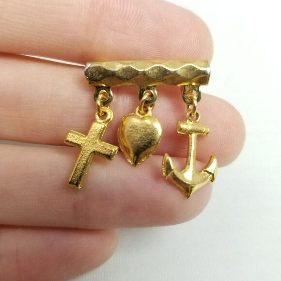 Vintage Anchor Heart Cross Charm Brooch, Gold Tone, Faith Hope Love, Religious - Picture 8 of 8